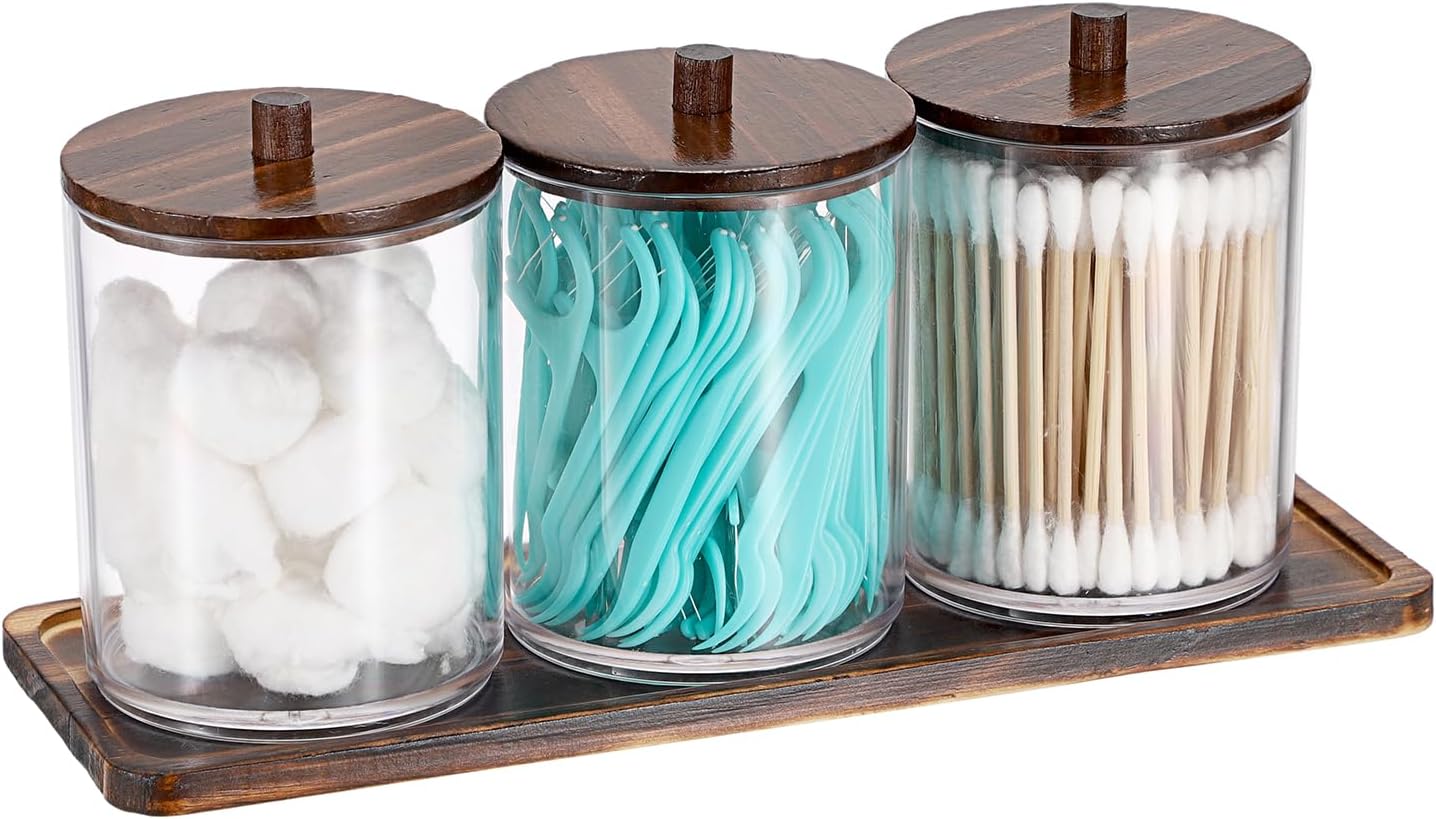 3 Packs Acrylic Cotton Swab Holder Qtip Holder Bathroom Accessories Storage Container with Tray Qtip Dispenser with Lid for Dental Floss