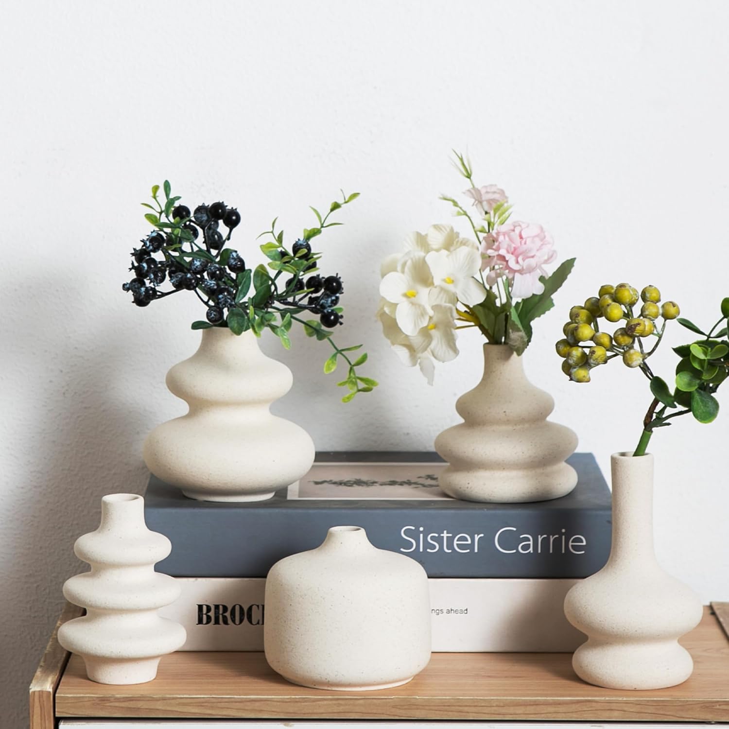 Small White Ceramic Vases Set of 5, Mini Decorative Boho Vases for Flower, Wedding & Home Decor