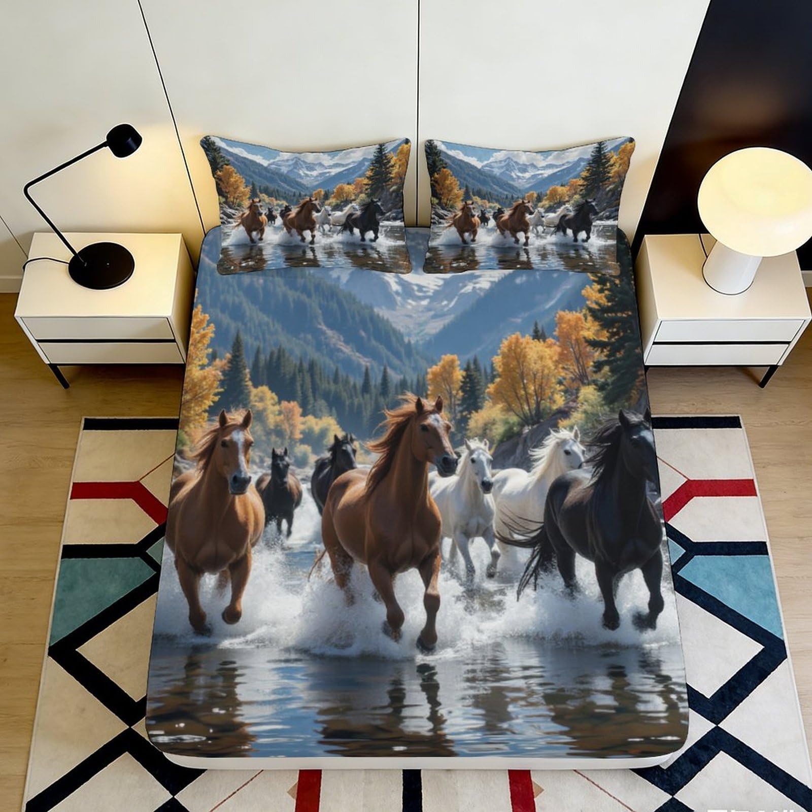 Pnayamiorkfel Style-4 3D Printed Mountain Wild Horses Fitted Sheet Microfiber Soft Bed Cover For Bedroom Guest Room Dorm Decor 90X200x25cm