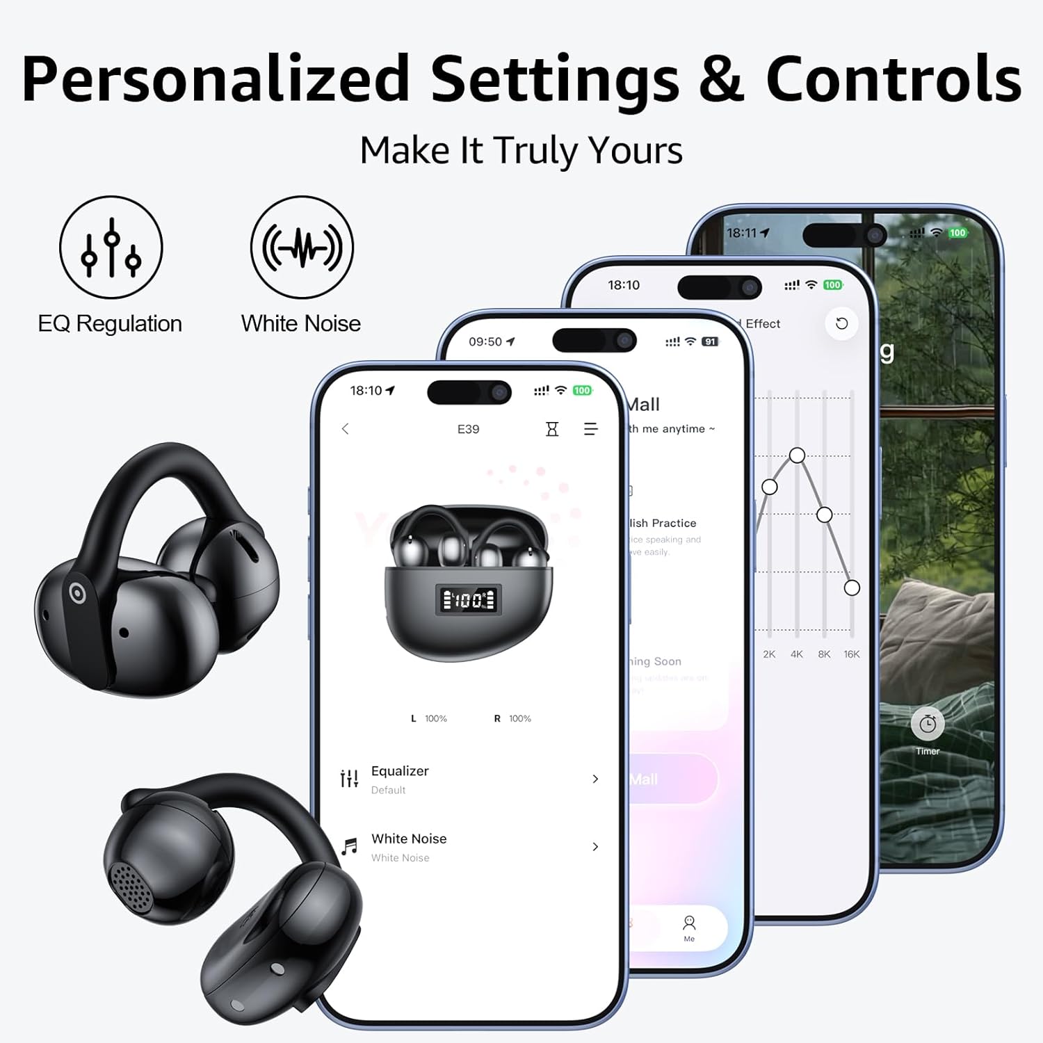 1Mii AI Open Ear Earbuds, Lightweight Clip-On Wireless Earbuds, Open Ear Bluetooth 6.0 Headphones with Display Design, AI Translation Voice Chat Custom EQ via App, for Sports, Running, Workout, Black