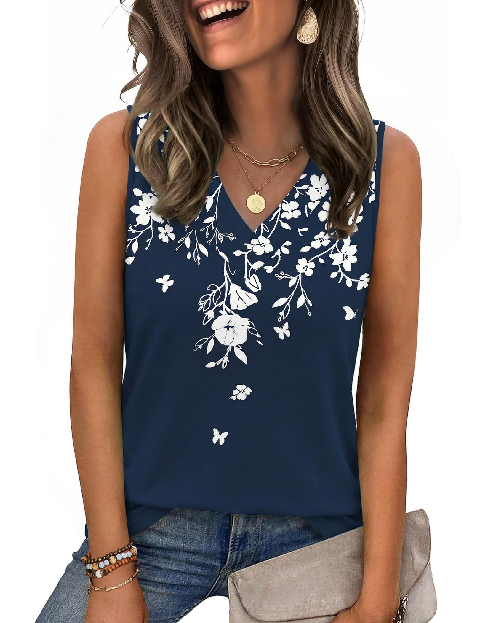 Zeagoo Top Damen Sommer V-Ausschnitt Tank Top Ärmellose Casual Oberteile Elegant Basic Blusentop S-2XL