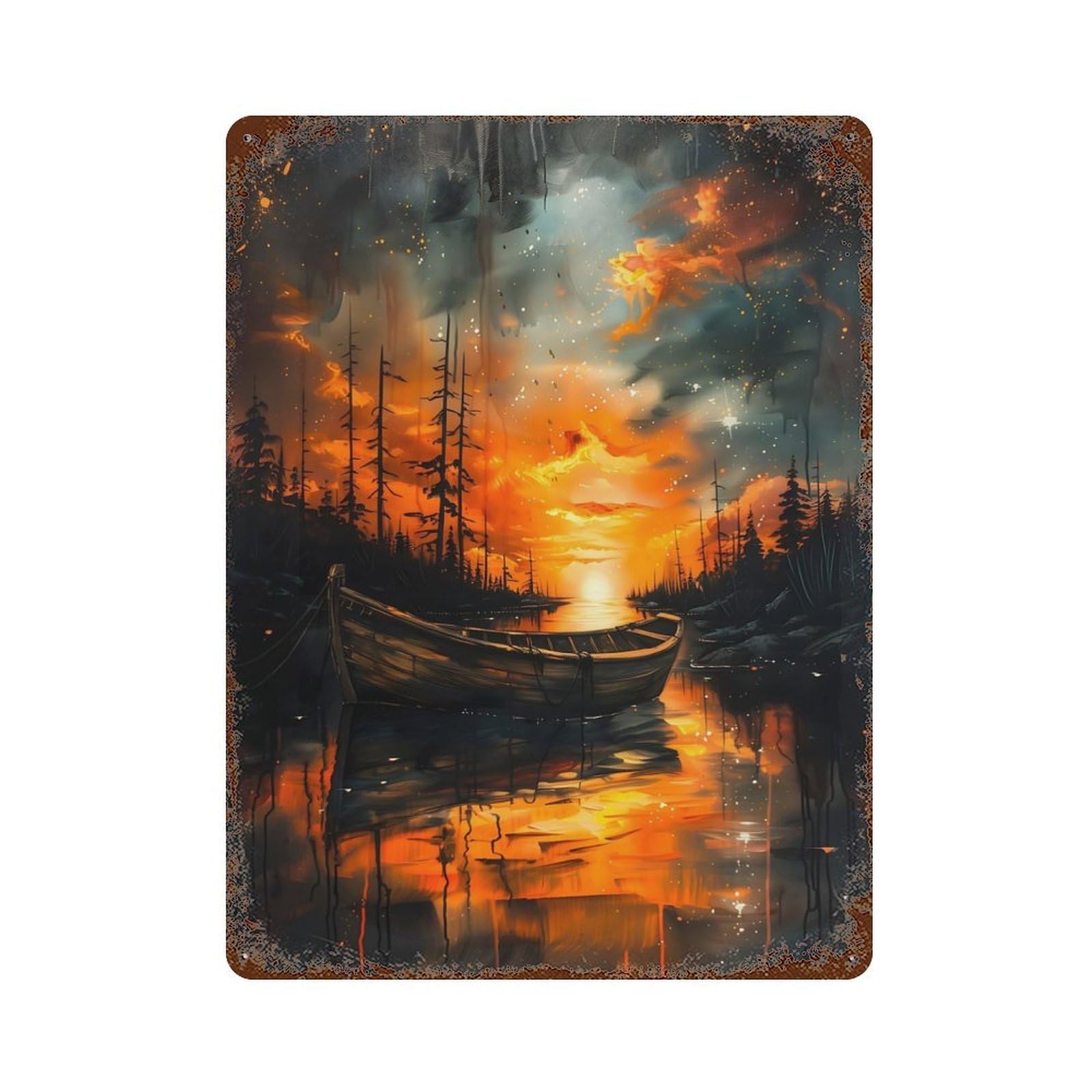 Sunset Boat Travel 15.7"x11.8" Aged Metal Wall Plaque, Novelty Wall Decor for Garage, Bar And Workshop Decor