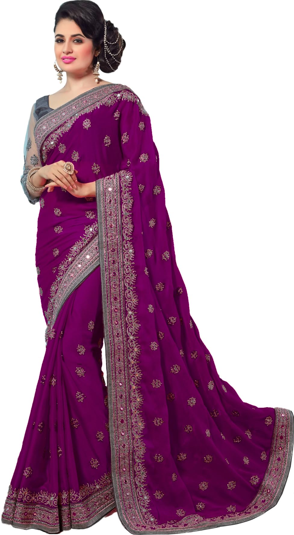 b bella creation Embroidered Bollywood Net, Art Silk Saree_BZ_Rangoli WINE