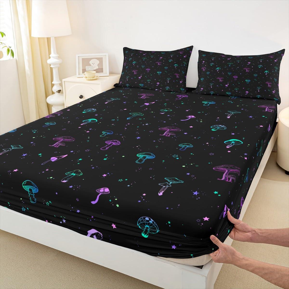 Neon Mushroom Bedding Set Full Size,Colorful Mushroom Fitted Sheet 3pcs for Kids Girls Teens Room Decor Glowing Starry Galaxy Bed Sheet Tripppy