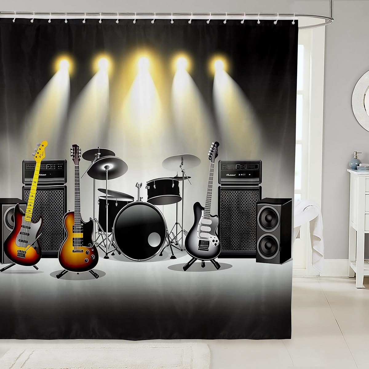 Guitar Shower Curtain, Music Theme Waterproof Shower Curtain for Boys Teens Rock Musical Instrument Pattern Bath Curtain Drum Kit Hip-Hop Style
