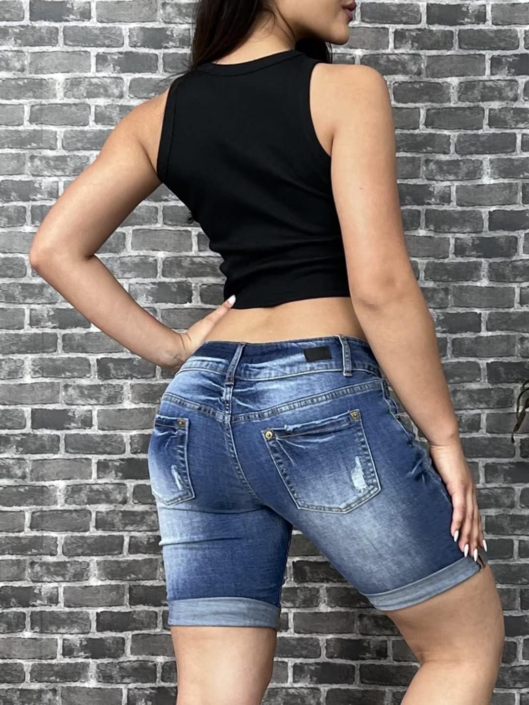 Flamingals Women's Bermuda Jean Shorts Mid Waist Straight Leg Summer Stretchy Denim Shorts - Image 3