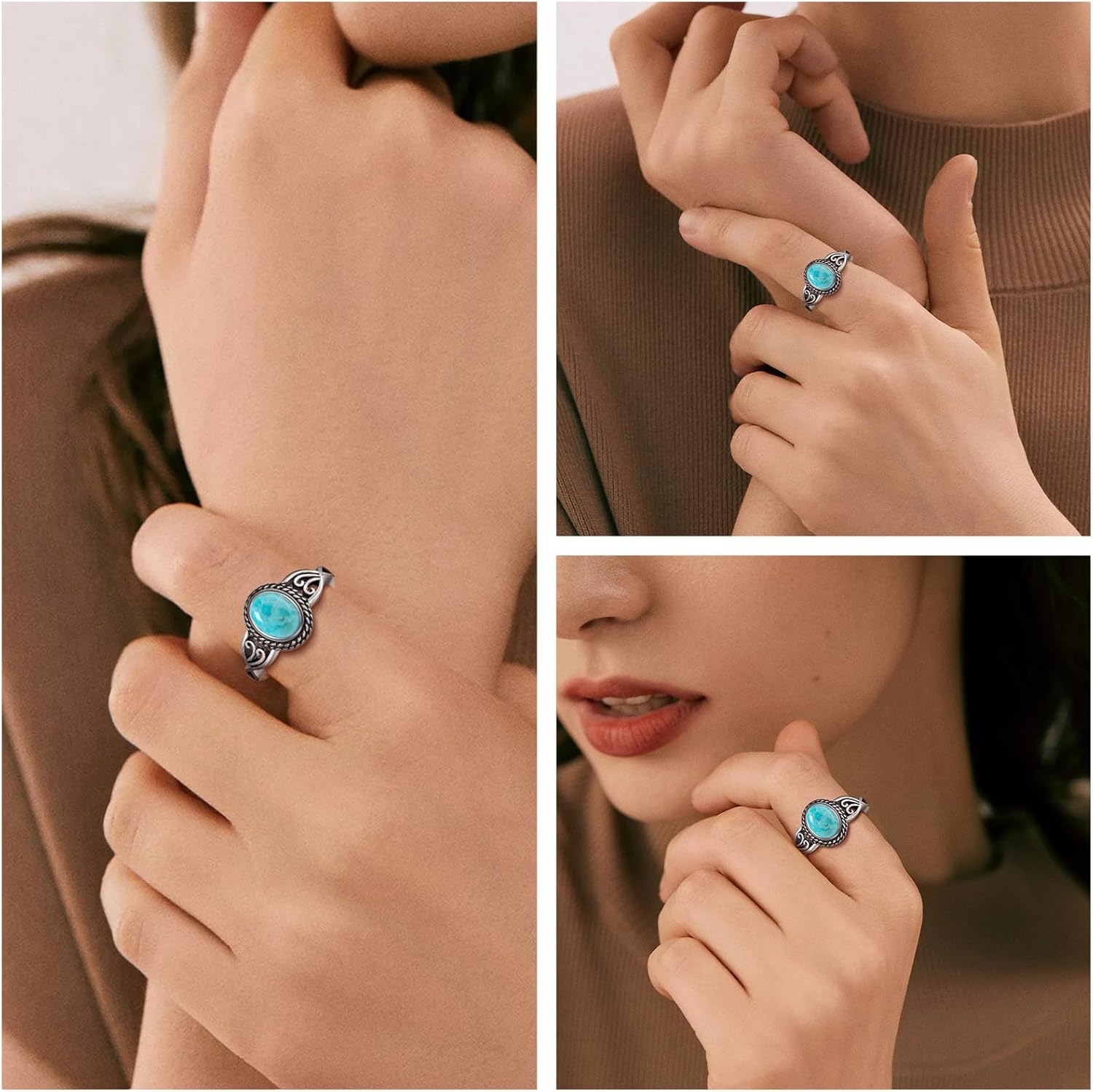 Adjustable Rings for Women 925 Sterling Silver Rings Womens Vintage Rings with 6 * 8mm Oval Teal Turquoise/Turquoise/Moonstone/Opal Statement Rings Fit Women Size 6-9 - Image 7