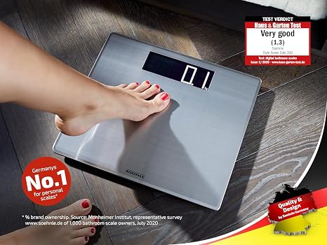 Soehnle Style Sense Safe Digital Scales with Extra Large silver Extragroße Edelstahl-Trittfläche mit Anti-Fingerprint LCD-Anzeige 45cm 100-g-Teilung Auto On/Off mit Batterien kg/lb/st