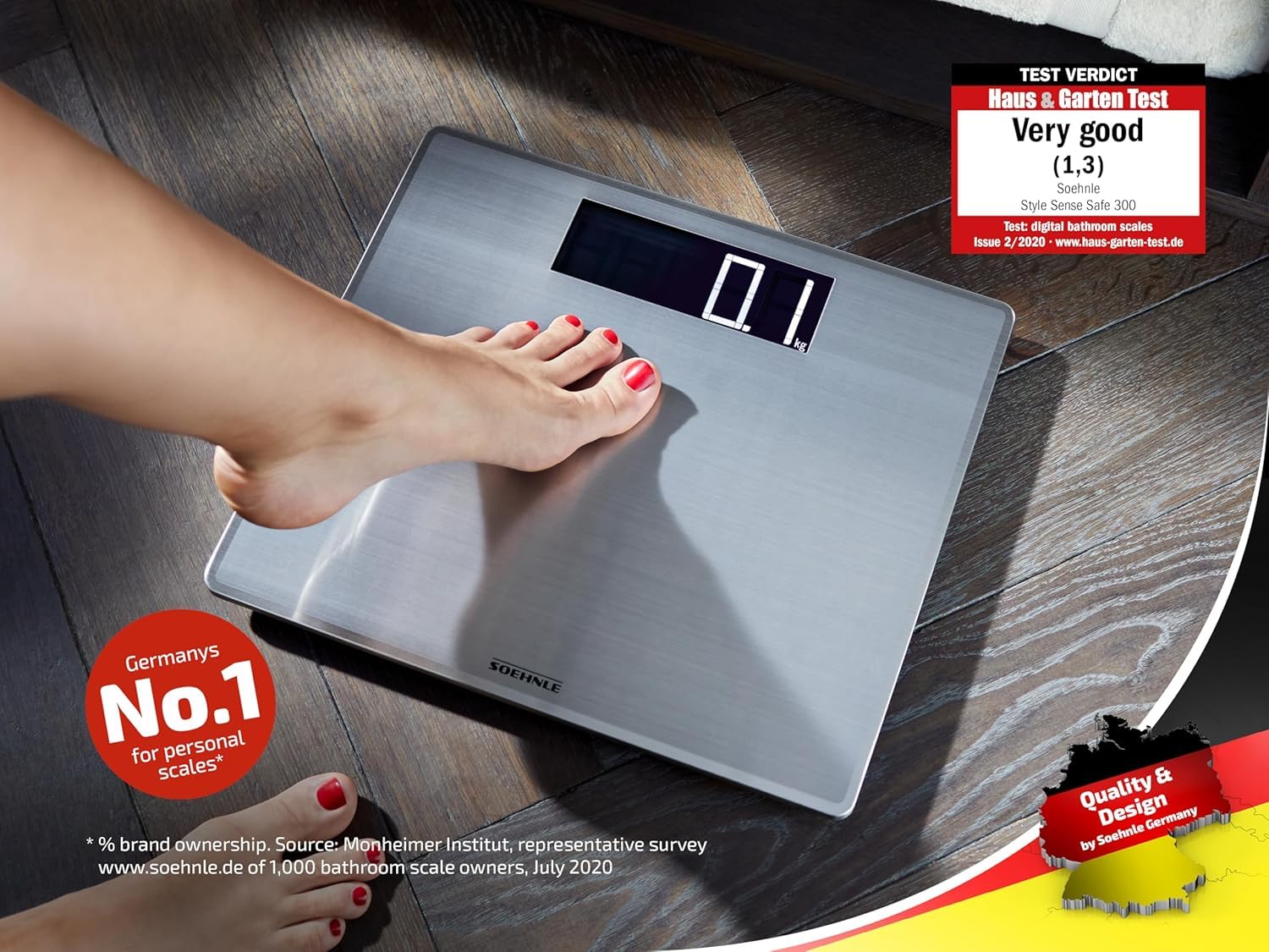 Soehnle Style Sense Safe 300 Personen Digitalwaage mit extragroßer LCD-Anzeige, flache Personenwaage mit Anti-Fingerprint-Beschichtung, Waage aus Edelstahl