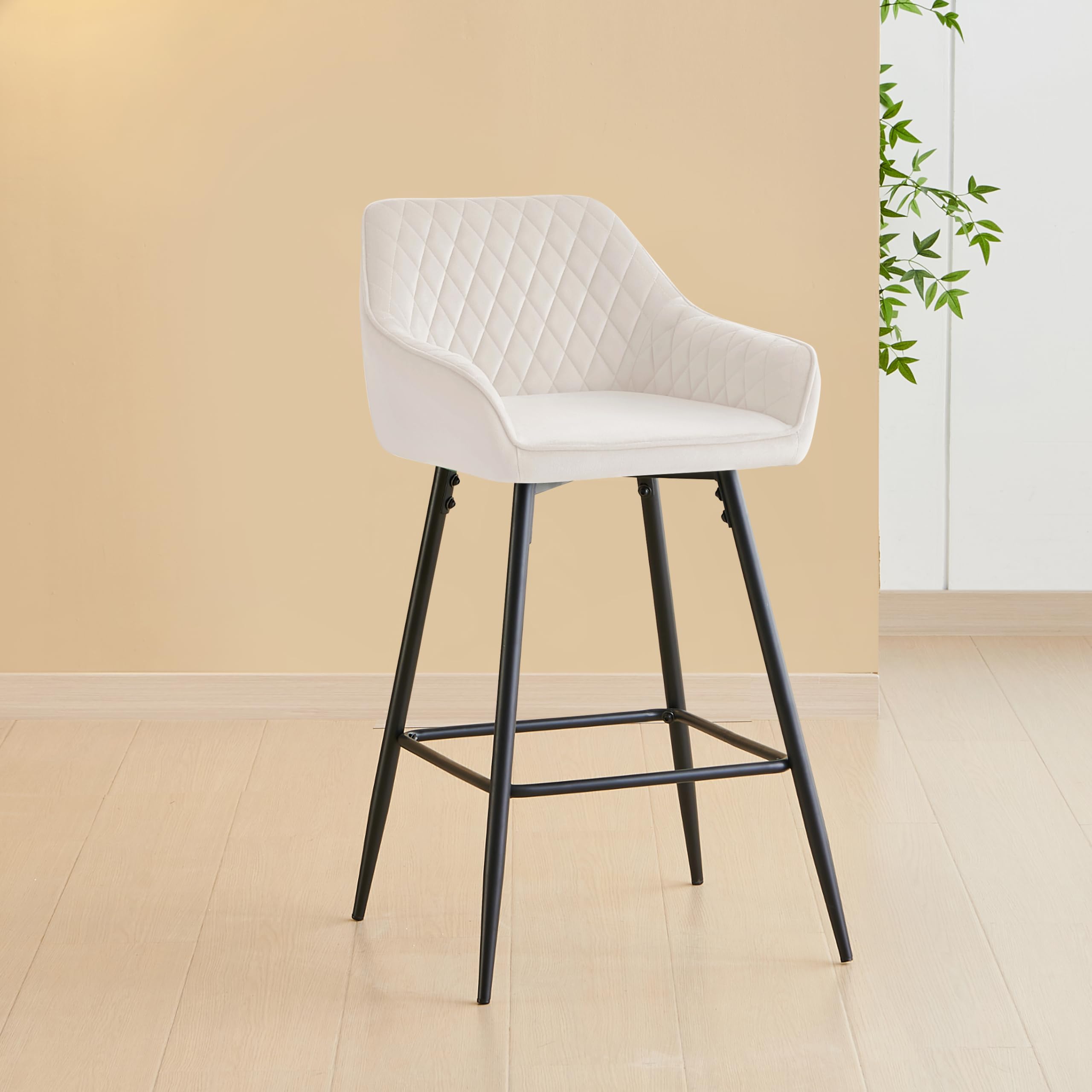ZOONFA Velvet Kitchen Bar Stool With Armrest & Backrest, Breakfast Counter Stool Set of 1 in Beige
