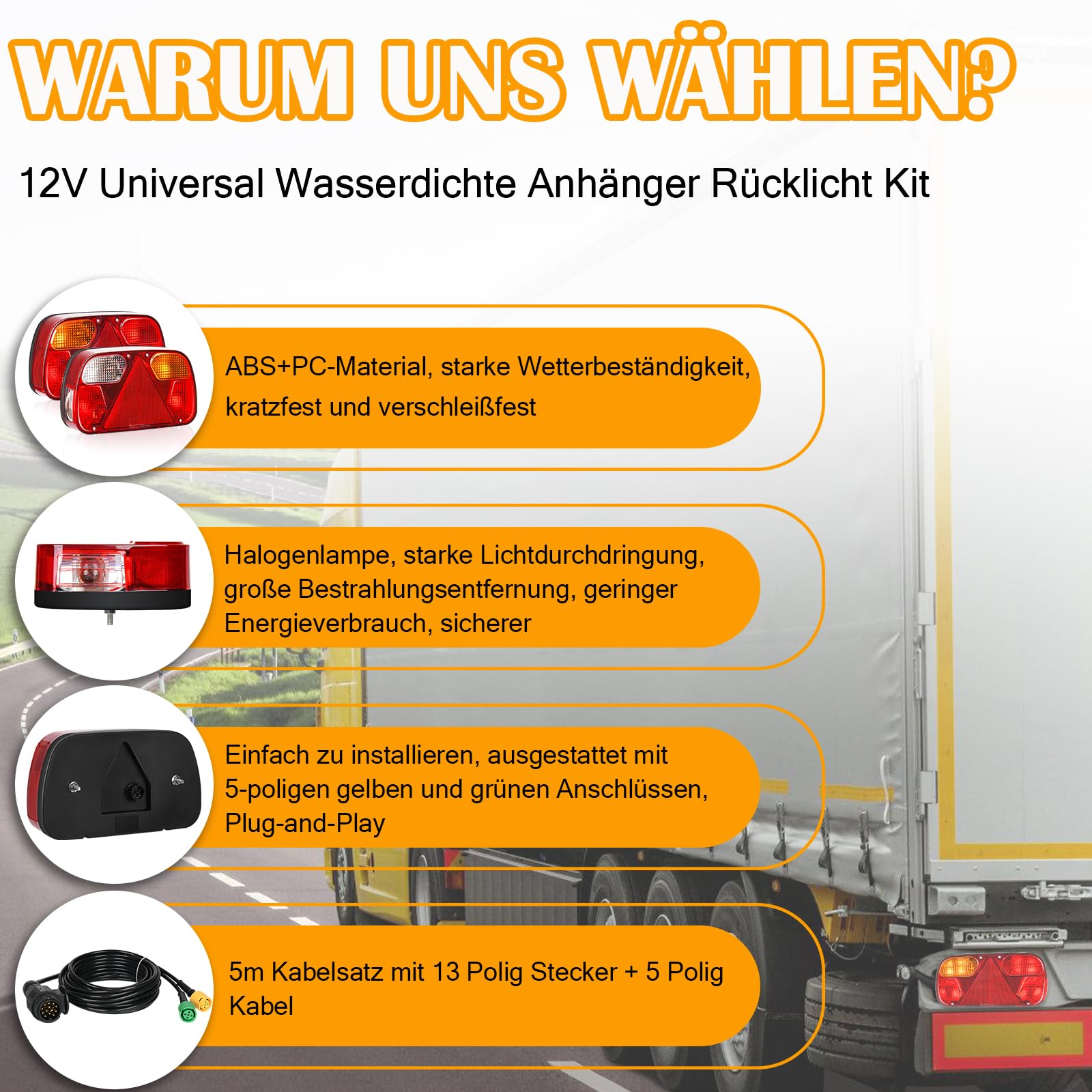 Warmfay Anhänger Rückleuchten, 12V Universal Rückleuchten Set Anhänger 13 Polig Stecker 5M Kabelsatz, PKW LKW Beleuchtung mit E11-Zertifiziert für Straßenverkehr Zugelassen