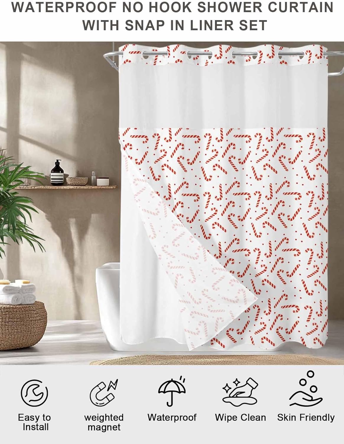 No Hook Shower Curtain with Snap in Liner Set Candy Cane Shower Curtains for Bathroom Waterproof Fabric White Red Winter Snow Bath Curtain with See Through Mesh Top Window for Hotel Spa 36x72 Inch