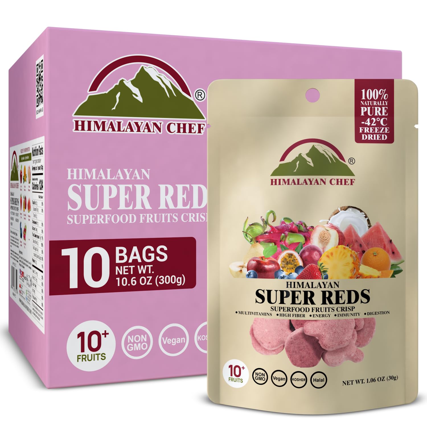 Himalayan Chef Super Reds Freeze-Dried Fruit Crisps, 30g/each 10 Pack | 10+ Superfood Fruits | Healthy Snacks Packed with Multivitamins, High Fiber & Antioxidants for Energy Boost