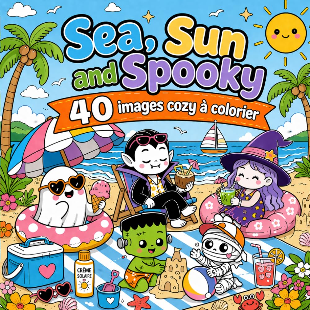Sea, Sun and Spooky: 40 images cozy à colorier – Livre de coloriage cozy fantômes et monstres mignons en vacances d’été