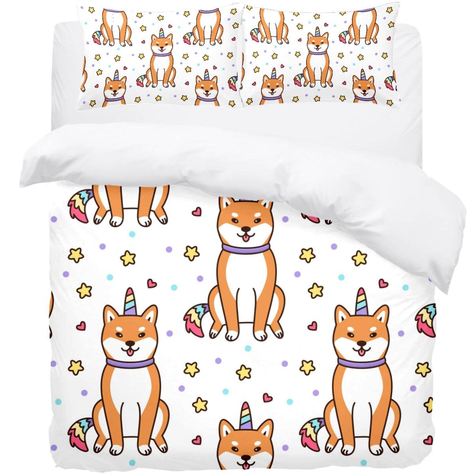 Housse de couette Shiba Inu avec 2 taies d'oreiller lit enfant motif licorne étoiles