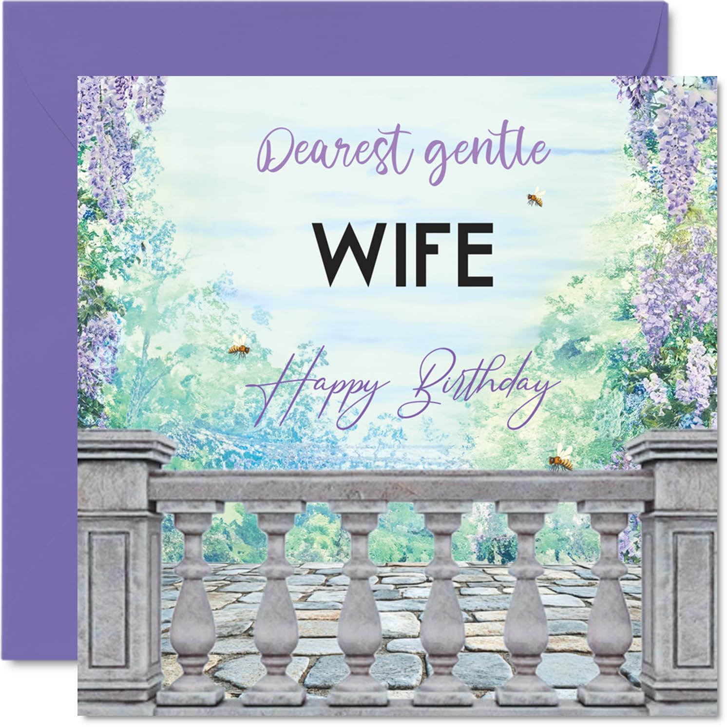 Romantic Birthday Card for Wife - Serene Garden Blooms Meet Heartfelt Wishes - Elegant Floral Design with Romantic Touches - 145mm Square, Envelope Included