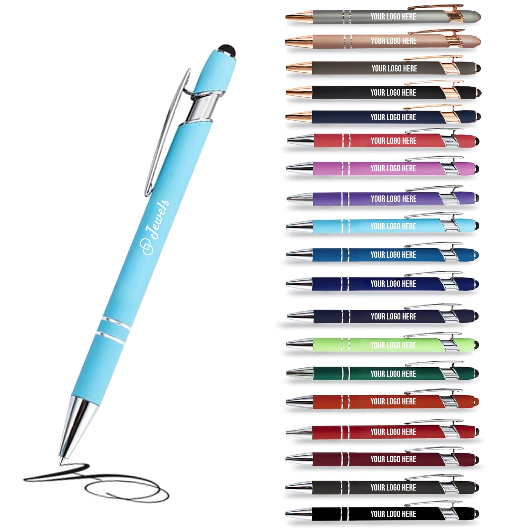 Penna 2 in 1 Personalizzata con il tuo Logo, Penna a sfera pubblicitaria (18 colori disponibili) (500, Blu caraibico)