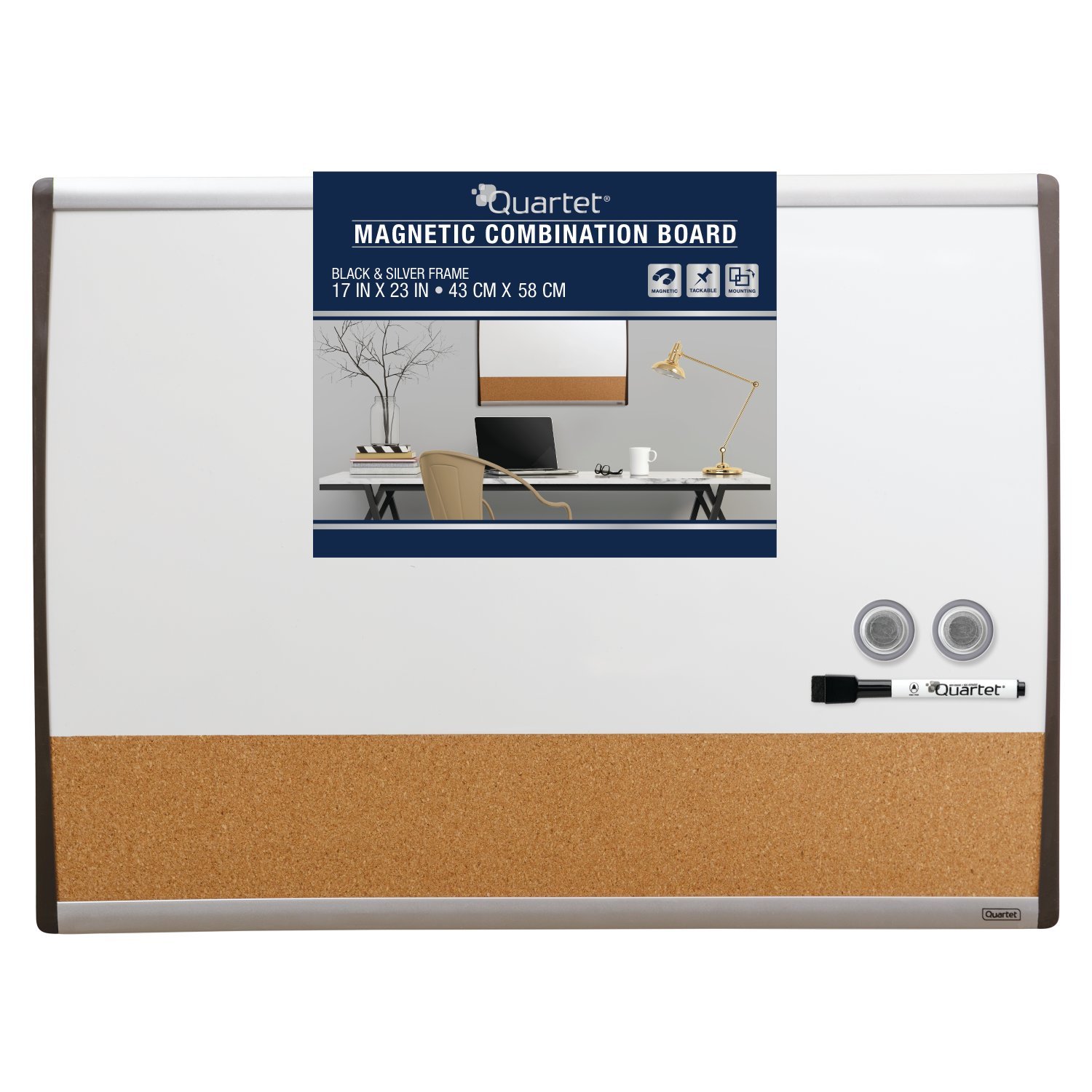 Photo 1 of Quartet Combination Magnetic Whiteboard & Corkboard, 17" x 23", Combo White Board & Cork Board, Black/Silver Frame (79370) Horizontal
