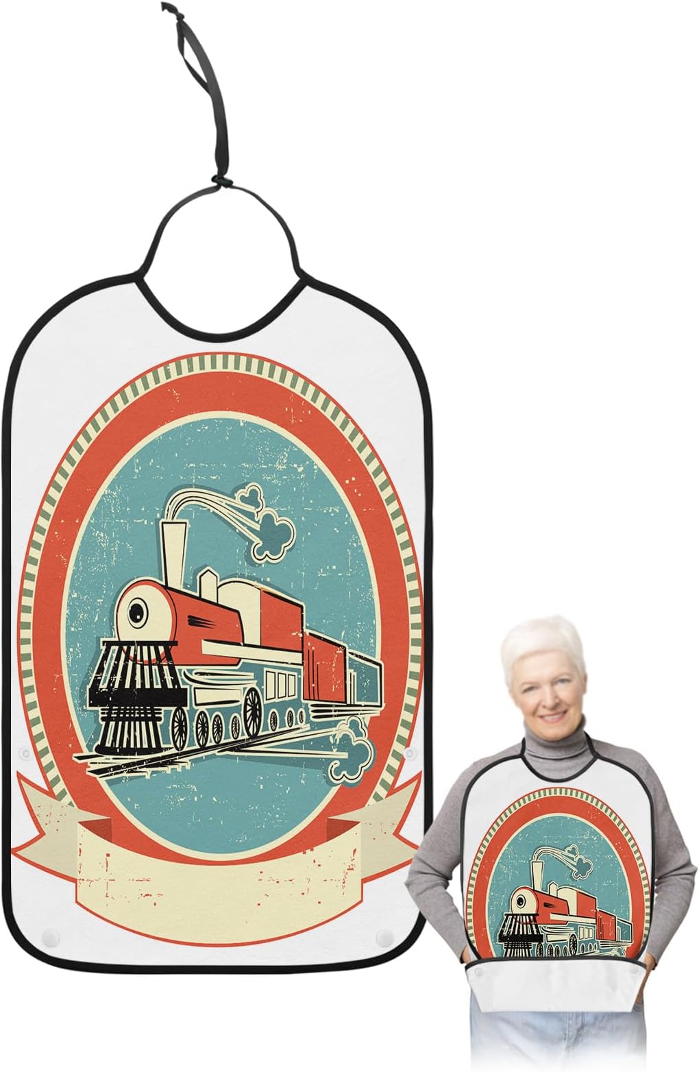 YOUNGKIDSAntique Train Adult Bibs for Eating, Waterproof Washable Adult Bib for Elderly Women Man, Vintage Steam Locomotive
