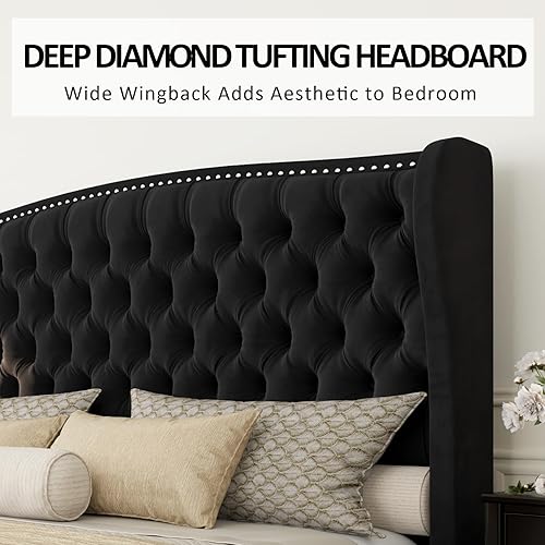 Miniatura 5 de AMERLIFE Armazón de Cama de Plataforma Tamaño King, Cama Tapizada en Terciopelo con Botones Profundos Acolchados y Ribete de Clavos Cabecera