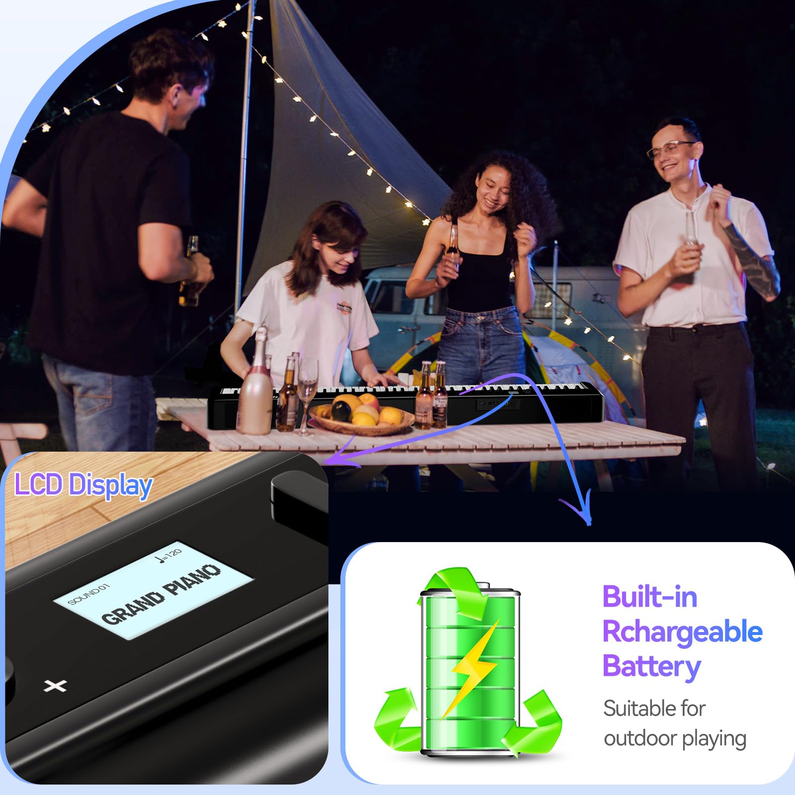 TERENCE pianoforte digitale 88 tasti pesati pieghevole con batteria da 2000 mAh supporto audio Bluetooth MIDI USB con altoparlante da 2 x 25W supporto per leggio