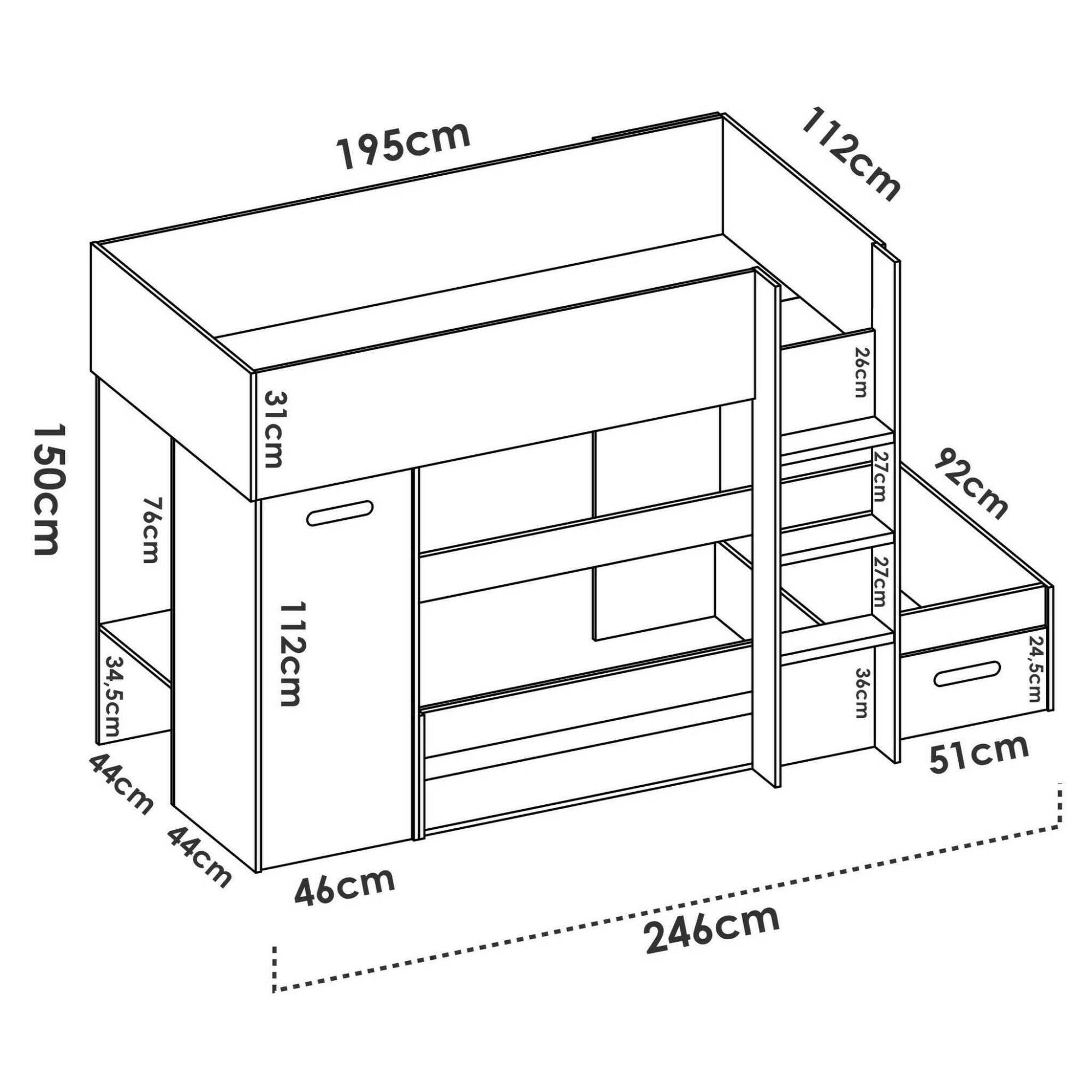 Dmora - Composizione camera da letto Focalone, Stanza da letto completa, Cameretta per bambini, Set per arredo a ponte, 246x112 h150 cm, Bianco e Rovere