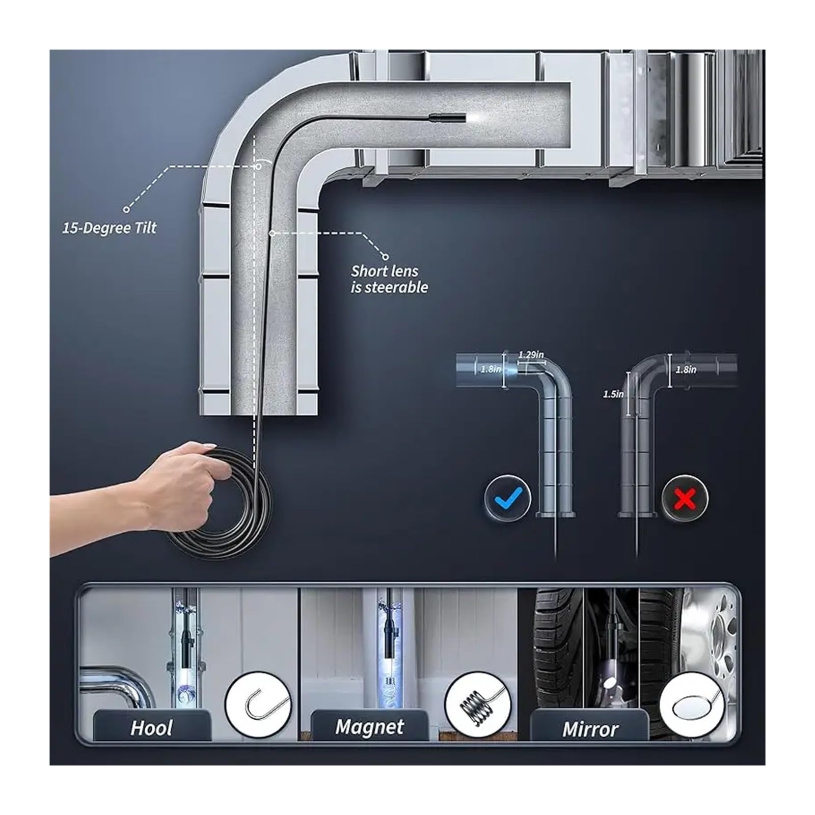 Endoscope Camera 4.3 Inch Screen 1080P HD Industrial Endoscope Camera IP67 Waterproof Car Pipe Inspection With 8 LEDS 8mm Lens(10m,Dual Lens)