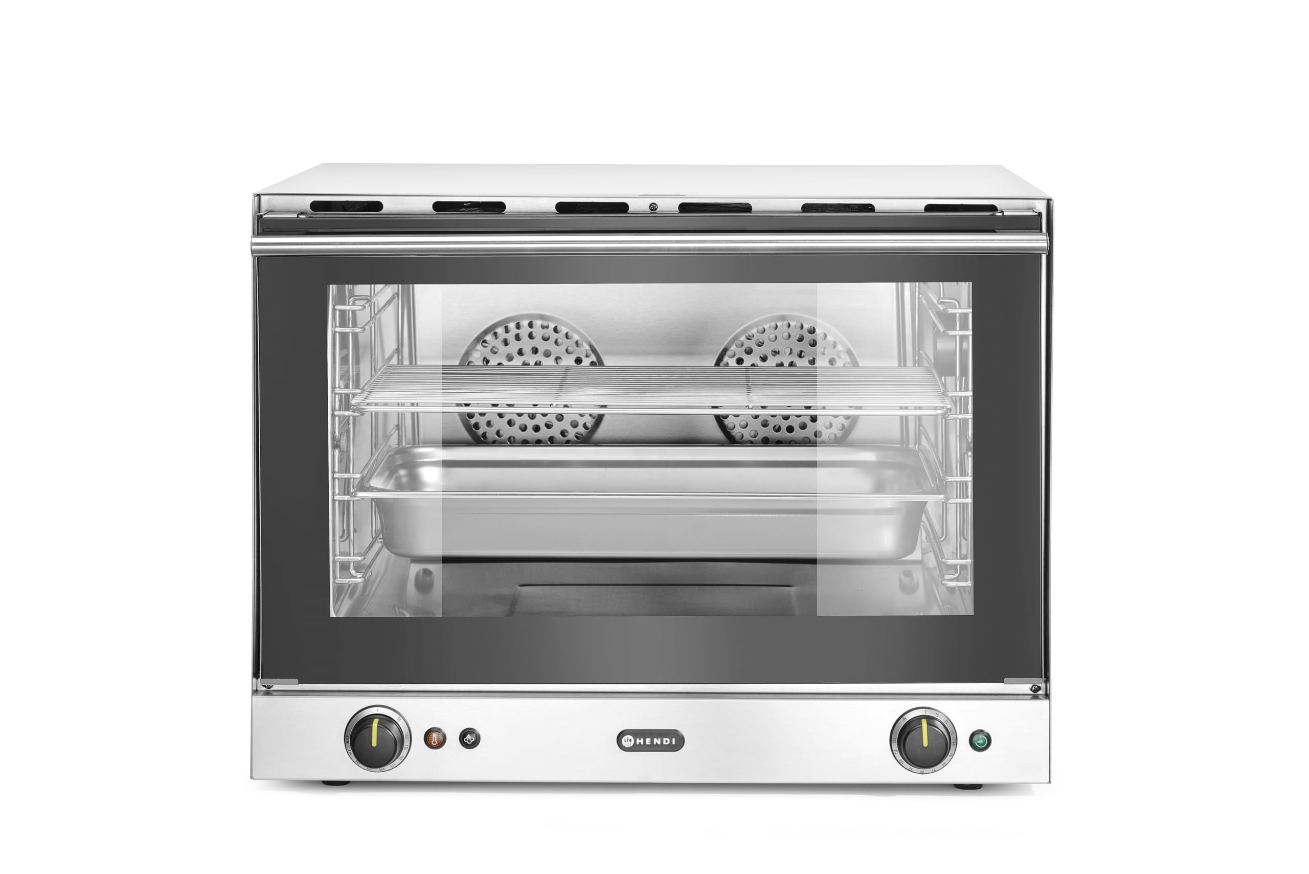 HENDI Horno de Convección H100, 4 Bandejas GN 1/1, Puerta de Doble Cristal Fría al Tacto, Iluminación Interior, Temporizador 0-120 min, 230V/3500W, 699x608x(H)550mm, Acero Inoxidable