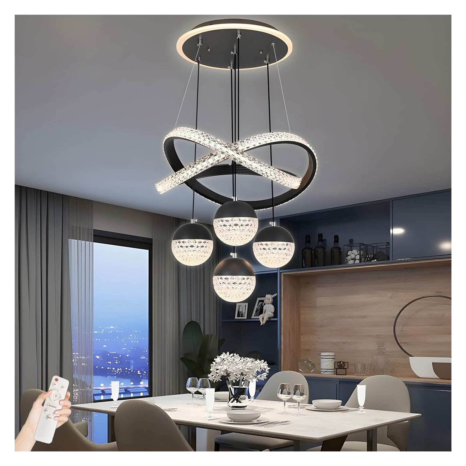 HYJAUSXB Modern Dimmable Crystal Chandelier, Adjustable Ceiling Light Fixture for Dining Room, Living Kitchen Island, Remote Control, Black Pendant Lighting