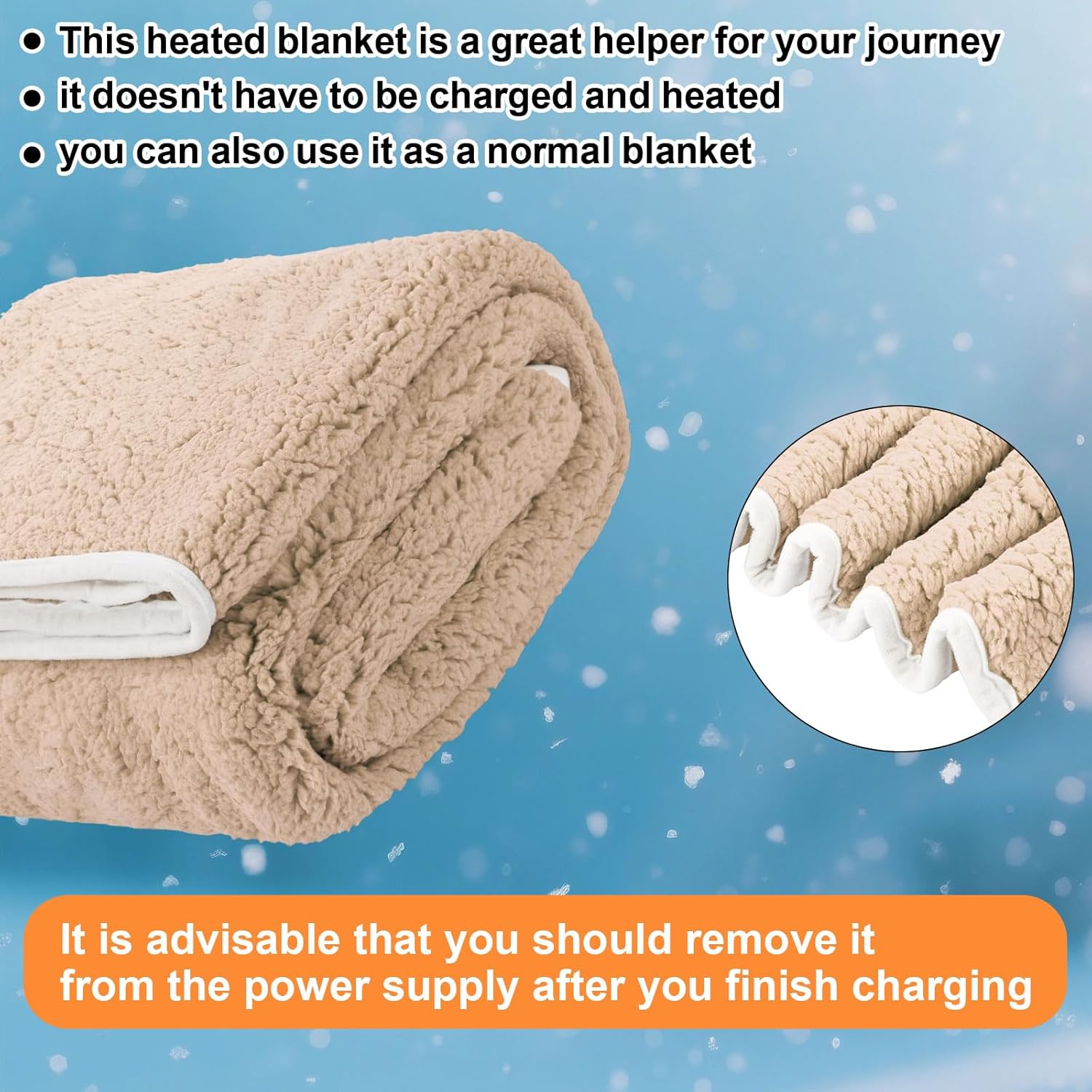 Riakrum 12V Heated Car Blanket for Extreme Cold, 58" x 43" Power Electric Khaki Blanket with 3 Heat Levels, Adjustable Temperature, Portable Truck SUV RV Winter Snow Travel, Cigarette Lighter Power - Image 5