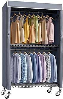 VIPEK R2C Medium Rolling Garment Rack with Cover Heavy Duty Clothes Rack Adjustable Clothing Rack for Hanging Clothes Portable Closets with Double Rods, Wardrobe on Wheels, Black Rack with Grey Cover