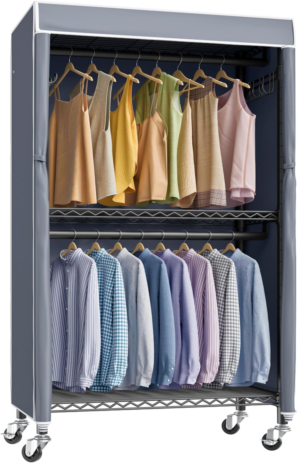 VIPEK R2C Medium Rolling Garment Rack with Cover Heavy Duty Clothes Rack Adjustable Clothing Rack for Hanging Clothes Portable Closets with Double Rods, Wardrobe on Wheels, Black Rack with Grey Cover