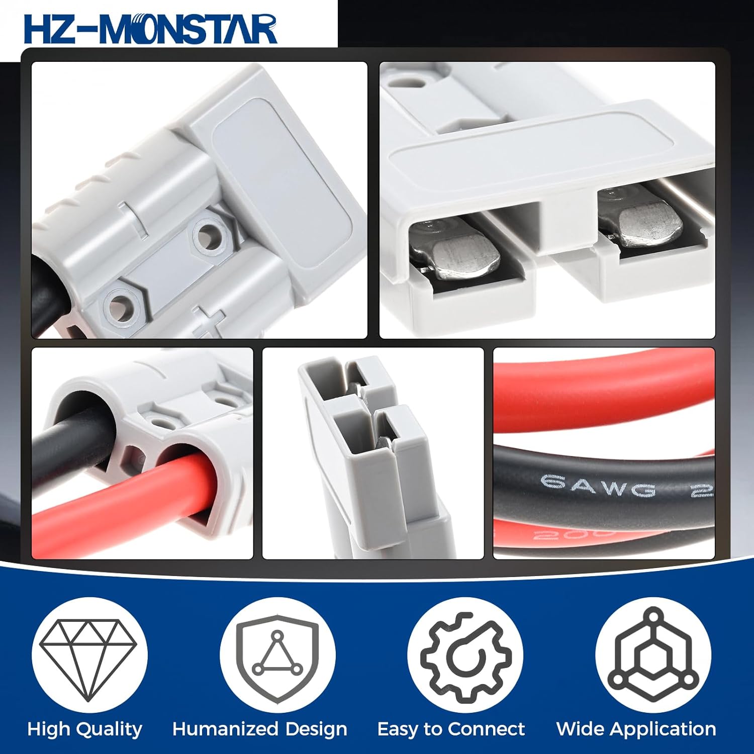 50A Connector Plug with 6AWG Cable Compatible with Anderson, 600V Battery Quick Cable Connector for 6 to 12 Gauge Replacement for Anderson Plug One to One Power Forklift Charging