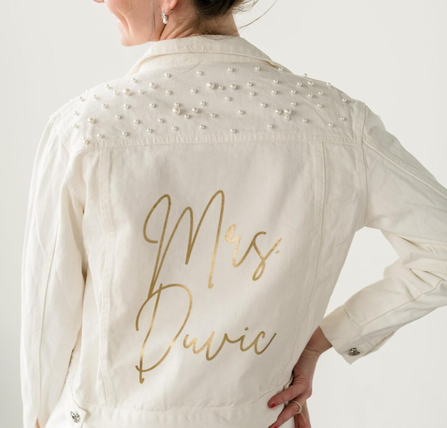 Embroidered Bride Denim Jacket, Bride Jean Jacket, Future Mrs Jacket, Custom Personalized Pearl Denim Jacket, Wedding Gift - Image 2