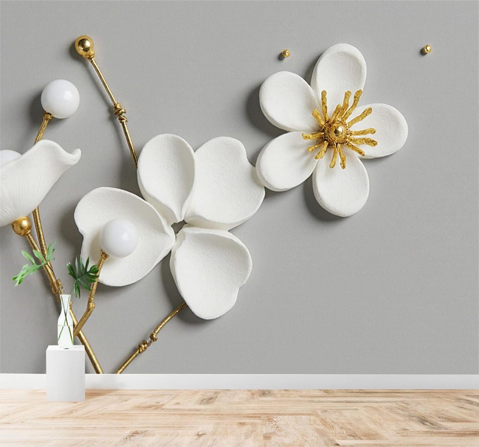 Papier peint fleurs blanches touches dorées gris 3D soie premium 250x170