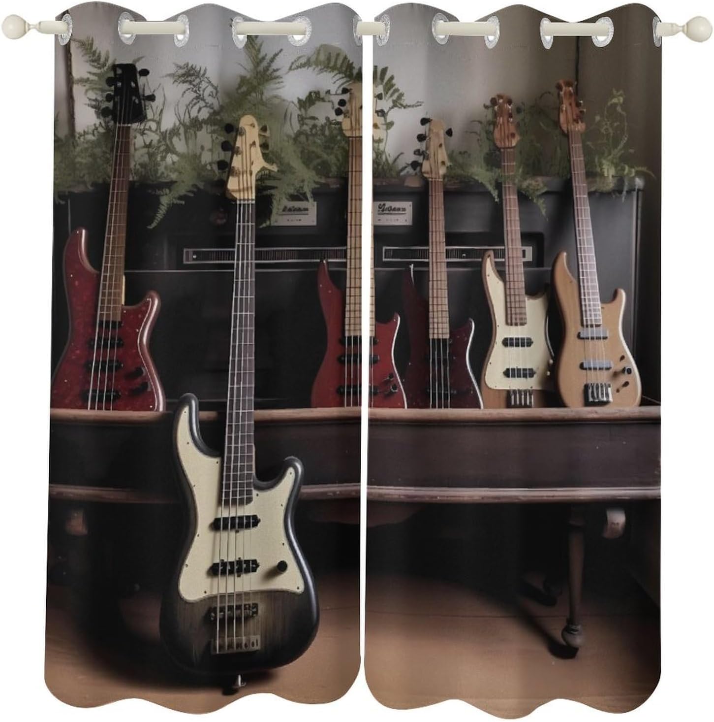 Guitar Bass Music Musical Instruments Printed Perforated Curtains, Insulated Curtains for Winter, Thermal Drapes are Suitable for Most Windows, Balconies