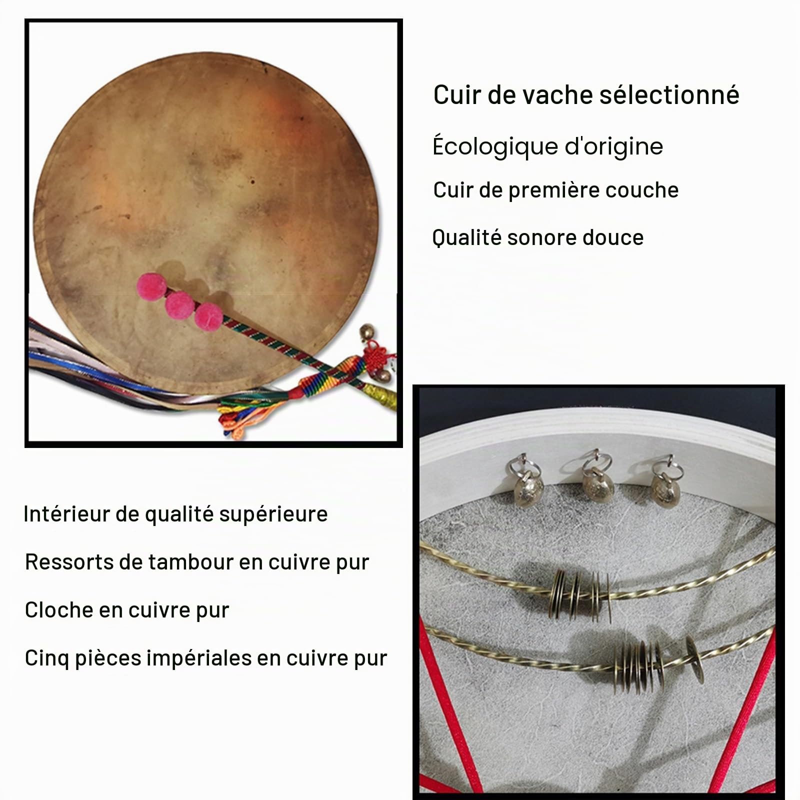 Tambour de Buffle Double Rangée Roseau en Cuivre avec Baguettes Percussion Tambour Chamanique Alchimie Tambour à Main, Guérisseur de Son Spirituel Méditation Réflexion(50cm,3-piece set)