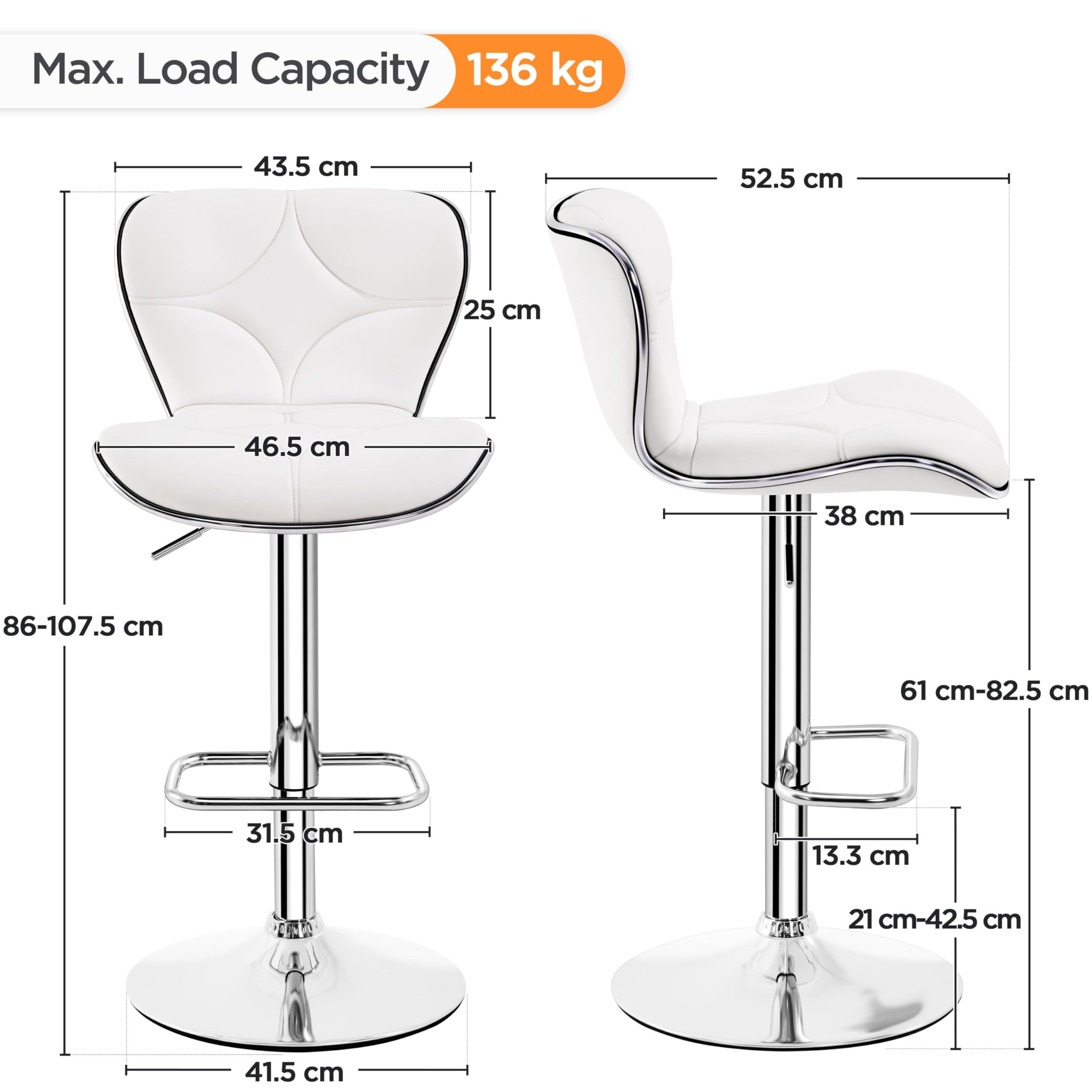 Yaheetech Set 2 Sgabelli Bar Alti Cucina Moderni Design Altezza Regolabile in Similpelle con Schienale a Conchiglia Poggiapiedi Girevole 360° da Penisola Bianchi