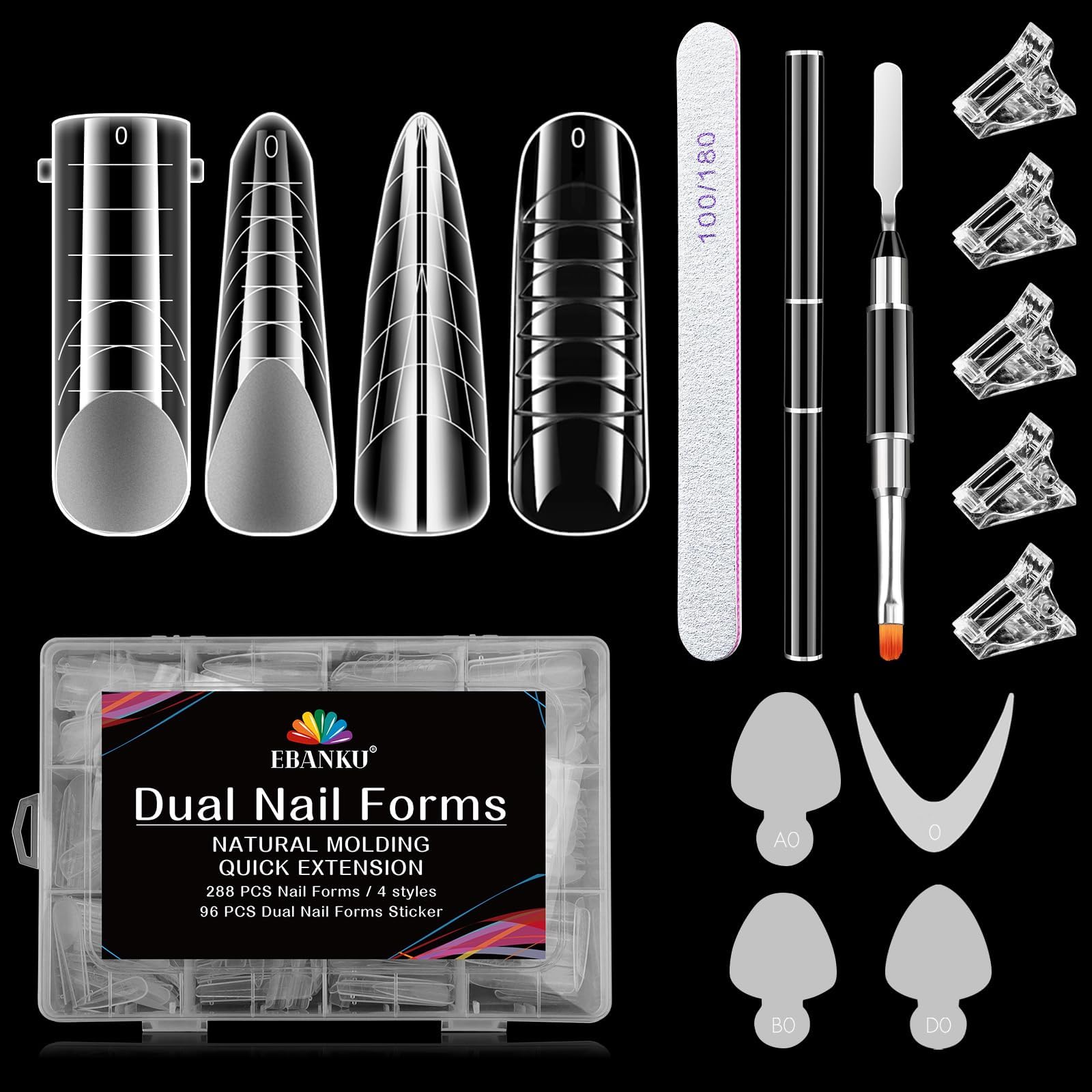 EBANKU Dual Forms for Poly Gel, 288PCS Poly Nail Gel Forms for French Nails, 96PCS French Silicone Reusable Pads, 5PCS Nail Clips, Brush Pen Nail