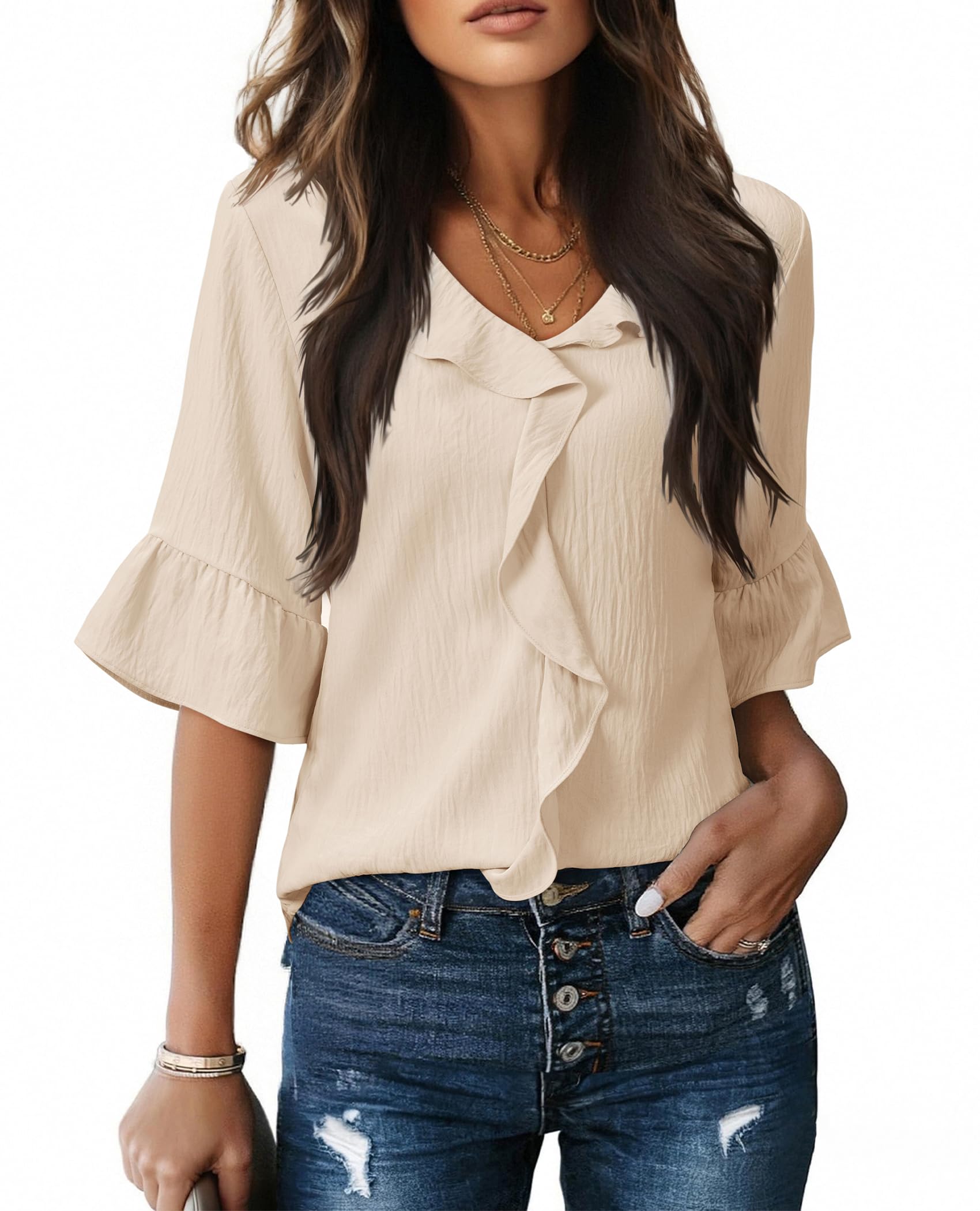 siliteelon Womens Blouses Dressy Casual 3/4 Sleeve Ruffle Bell Top Ladies Business Formal Work Shirt Spring Trendy 2026-picture-51