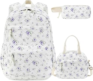 Quilted Backpack for Girls with Lunch Box Pencil Case | 3Pcs Lightweight Kids School Backpack with Lunch Bag Pencil Pouch Teen Girl Bookbag Daypack for Elementary Middle High School
