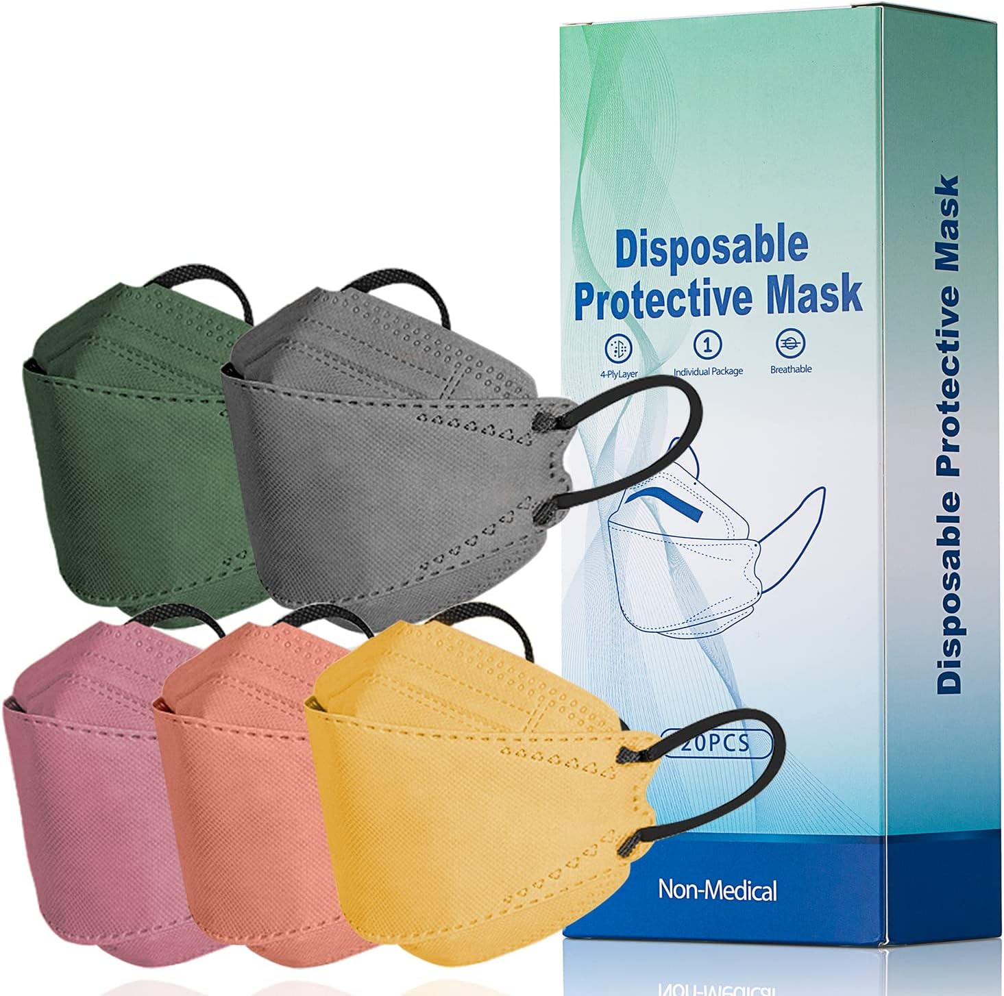 PAGE ONE KF94 Face Mask for Adults Men & Women 4 Layer Filter Safety Disposable Fish Type Face Masks/20PCS