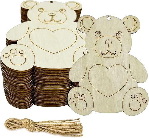20 adornos colgantes de madera de oso en blanco con forma de corazón, con agujero, cuerdas de cáñamo, etiquetas de regalo para proyectos de