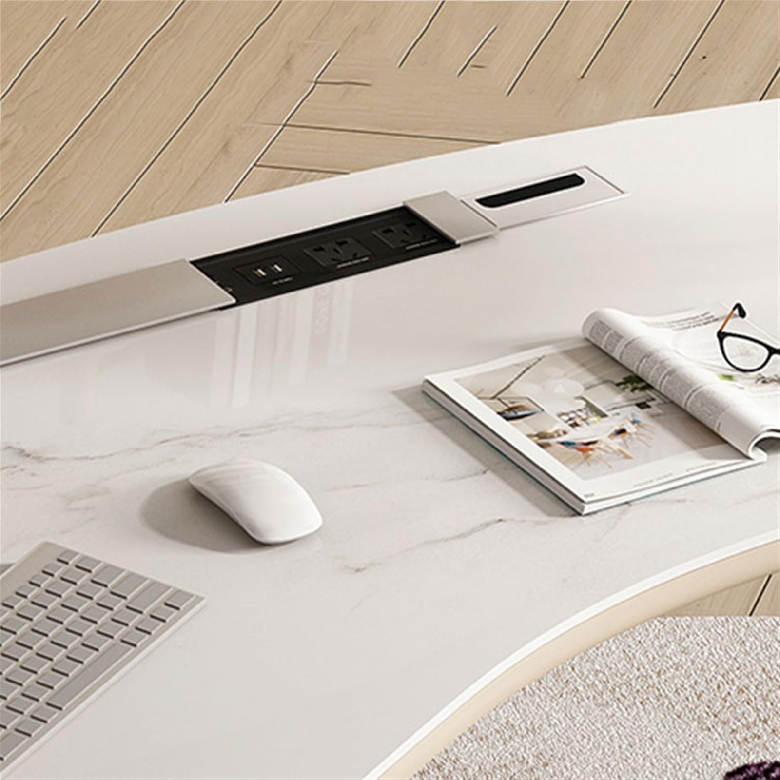 Nowoczesne zakrzywione biurko do gier – francuskie kremowe wykończenie łupkowe, lekki luksusowy stół PC do domowego biura, designerski styl, 140 x 77 x 75 cm, idealne do gier i konsultacji