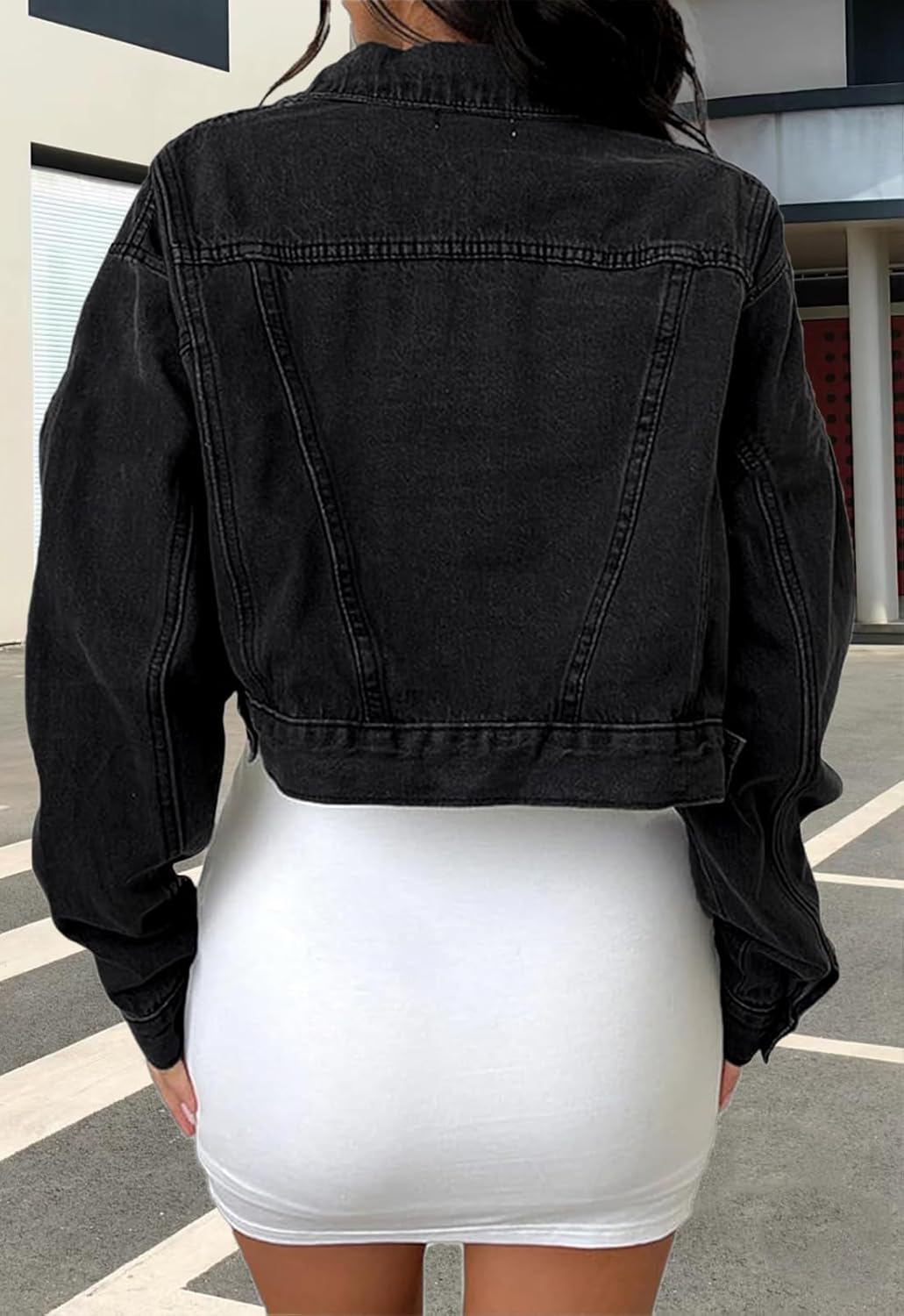 Women's Denim Jackets Cropped Jean Jacket Long Sleeve Casual Button Down Crop Jean Jacket - Image 5