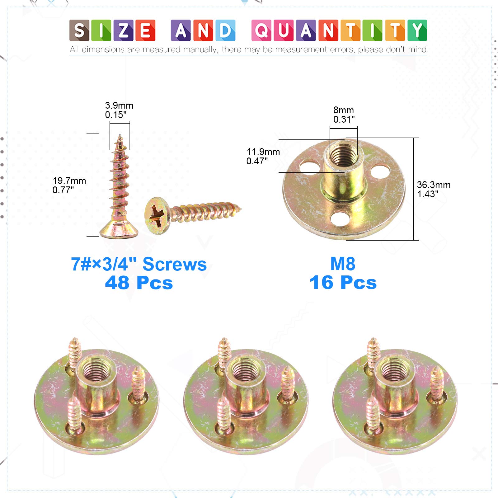 Glarks 64Pcs M8(5/16'') Brad Hole Tee Nut with Mounting Screws Set Zinc Plated Carbon Steel 3-Hole T-Nuts Furniture Hardware Flange Insert Female Thread for Wood Furniture - Image 2