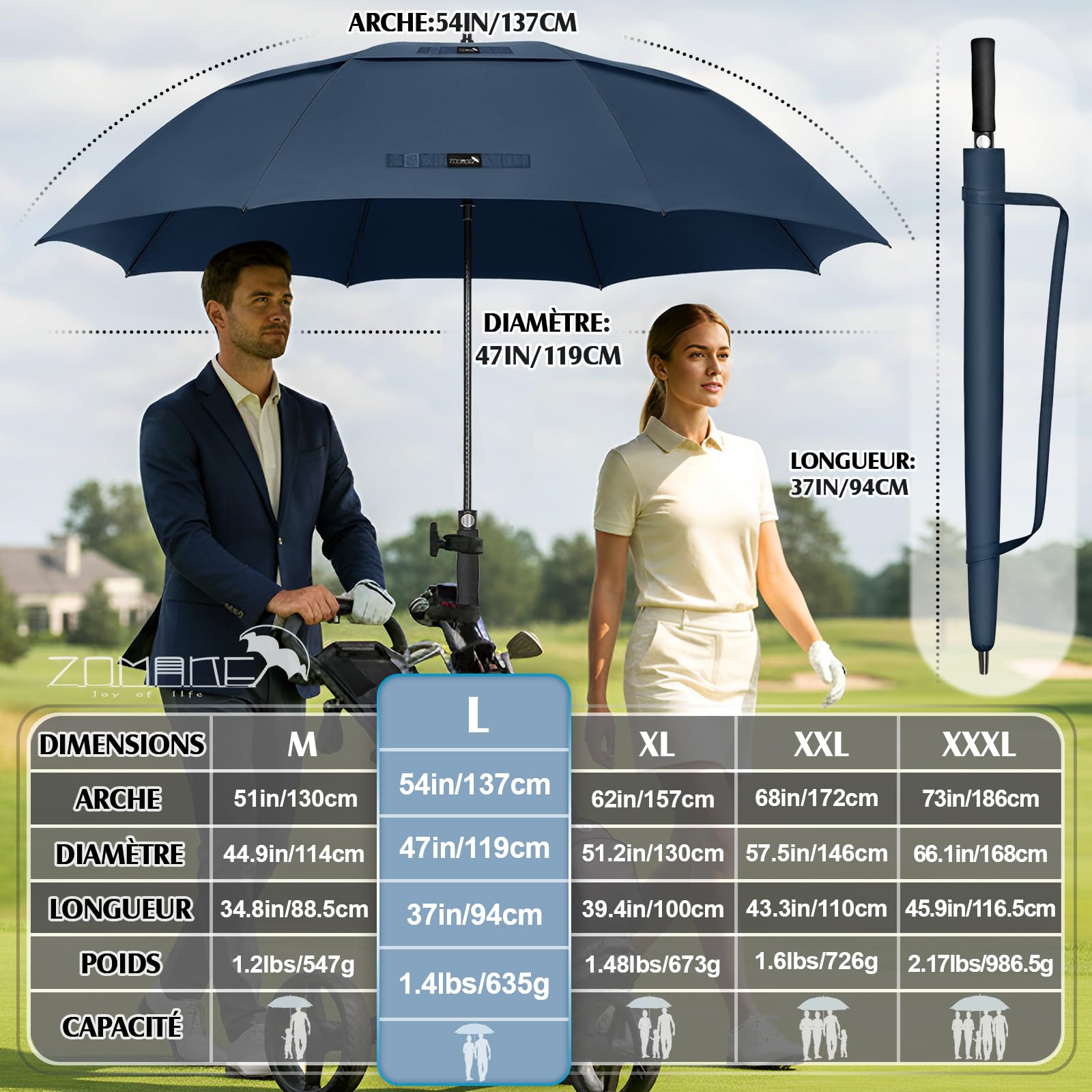 ZOMAKE Grand Parapluie XL/XXL, Parapluie Golf Grande Taille pour 2 Personnes, Solide et Résistant au Vent Fort et aux Tempêtes, Ouverture Automatique, Homme & Femme, Idéal Golf, Voyage, Quotidien