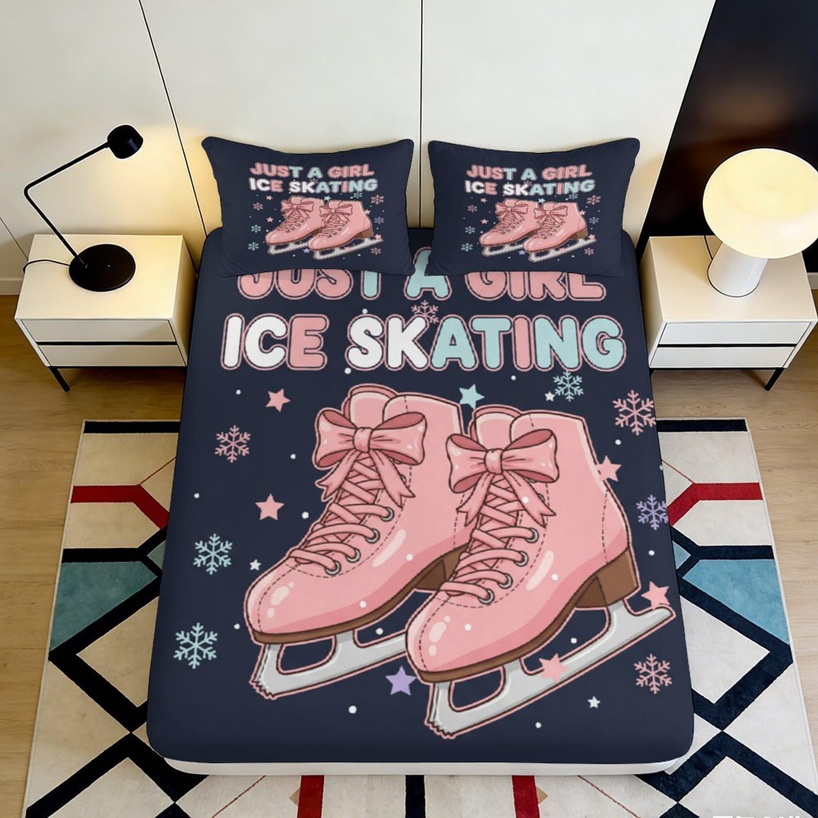 3D Printed Ice Skating Girl Fitted Sheet Microfiber Non-Slip Pink Skates Bed Cover for Bedroom Dorm Mattress Protection 140x200x25cm