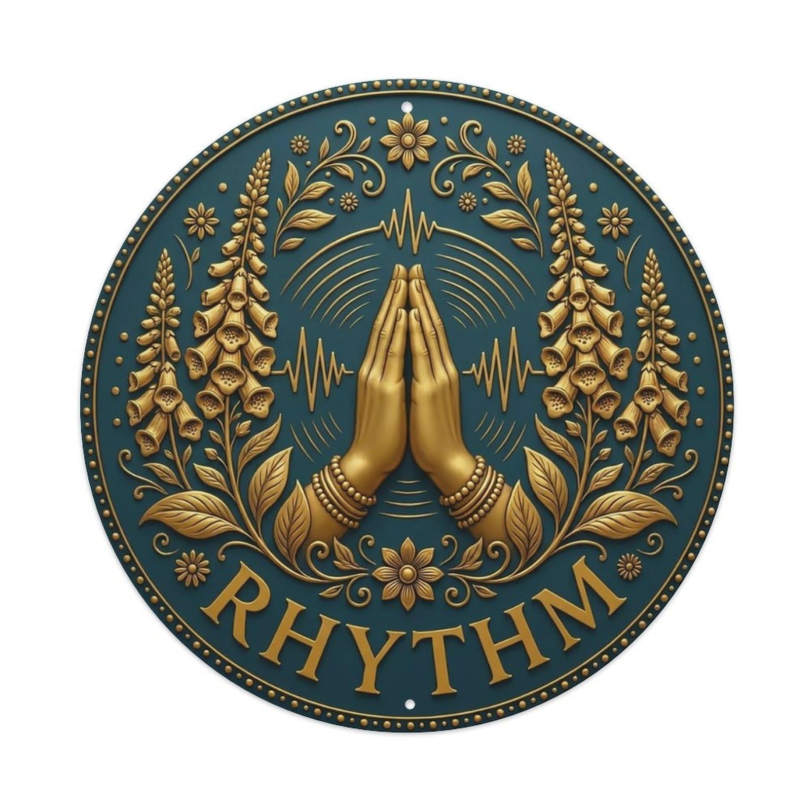Vintage Namaste Praying Hands Rhythm Flower Zen Yoga Metal Tin Sign