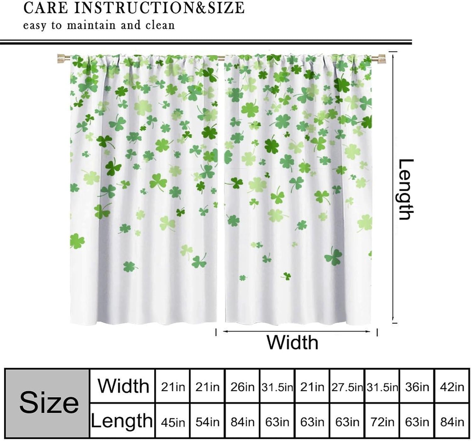 Happy St. Patrick's Day Curtain Green Shamrock Leaf Clover Blackout Window Treatment for Living Room Bedroom Cafe Study Home Decor Window Drapes 55" W X 63" L